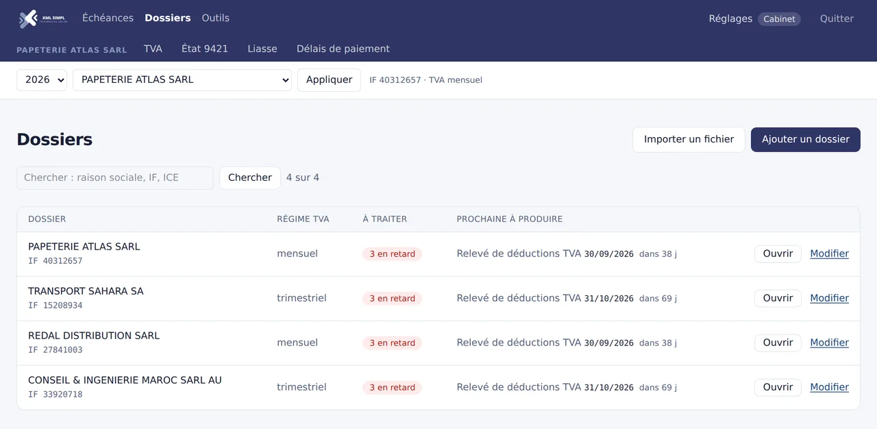 Liste des dossiers clients dans XMLSimpl, avec leur identifiant fiscal, leur régime de TVA et leurs échéances.