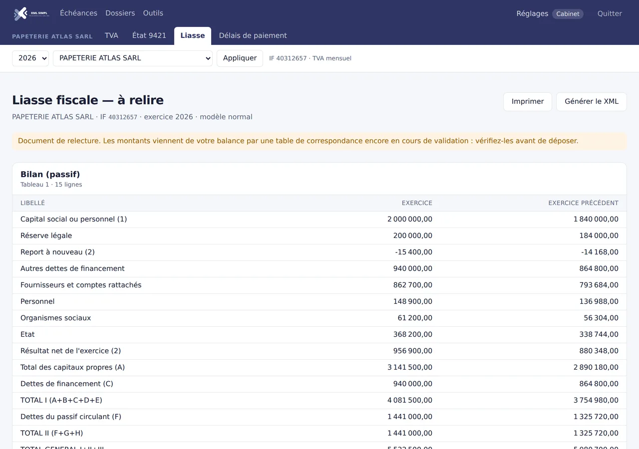 Liasse fiscale dans XMLSimpl : bilan et compte de produits et charges construits depuis la balance comptable.